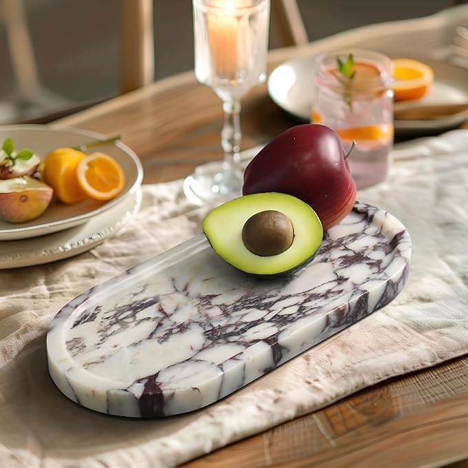 Real Natural Marble Tray for Bathroom, Luxury Calacatta Viola Stone Vanity Tray, Decorative Oval Trays for Countertop Storage Organizer, Dresser, Kitchen, Home Decor, 11.8" x 6", Purple