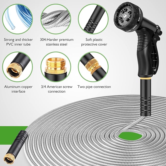 Garden Hose Metal 50FT, Stainless Steel Heavy Duty Water Hose With 10 Function Nozzle, No-Kink, Tough & Flexible, Sturdy and Lightweight, Rust Proof hose for Yard, Outdoor, RV