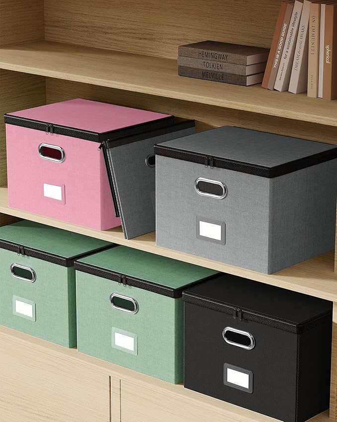 Oterri 2 Pack Large File Organizer Boxes with Lids, File Box with Mesh Pockets, Document Organizer Box for Letter/Legal Size Folders, Zippers Important Document Organizer (Green, Without Folders)
