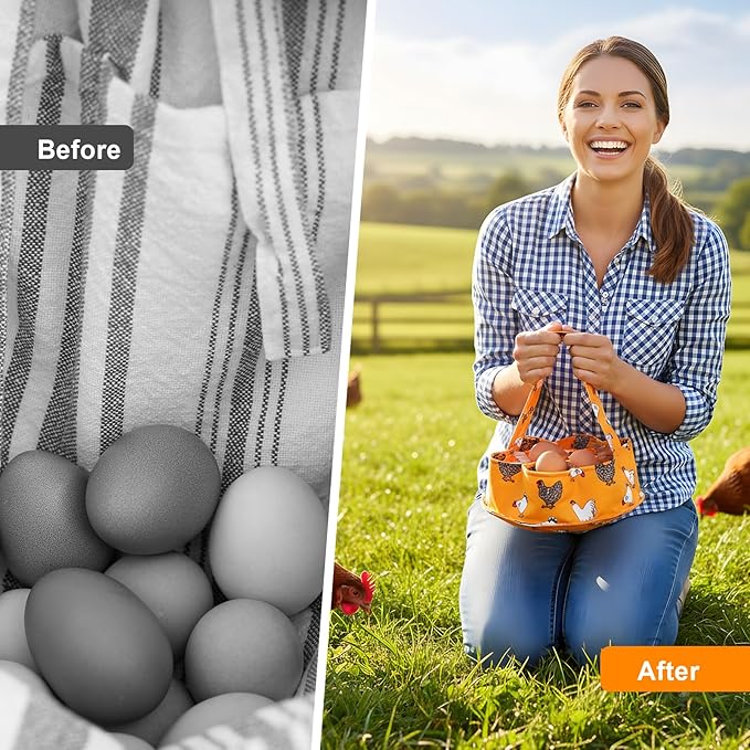 Egg Collecting Basket, Canvas Egg Basket for Gathering with 7 Pouches for Chicken, Duck, Goose, Bird, Various Poultry Collection (Yellow chicken)