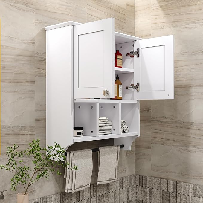Bathroom Medicine Cabinet, Bathroom Cabinet Wall Mounted Over-The-Toilet with Towel Bar, 2 Doors & 3 Open Shelves, White