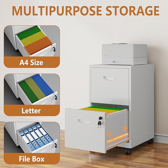 2 Drawer Rolling File Cabinet on Wheels, Mobile Two Drawer Filing Cabinet with Lock, Small Files Cabinets for Under Desk, Metal Filing Cabinets for Letter Size Folders, White - Assembly Required