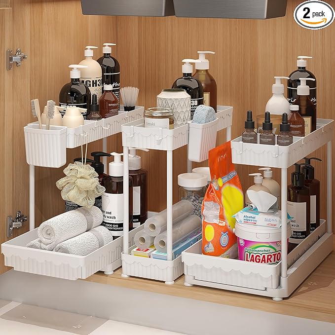 3 Pack Multi-Purpose Under Sink Organizers and Storage, 2026 L-Shaped Pull Out Cabinet Organizer for Bathroom & Kitchen, Under Cabinet Organizer with Hooks Hanging Cup (White, 14.85 inch)