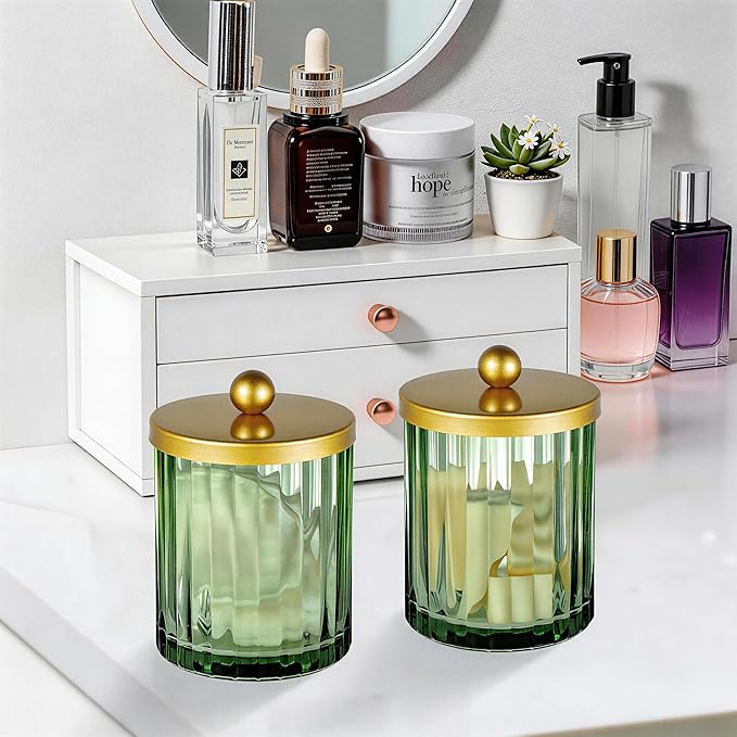 Amolliar Sage Green Glass Qtip Holder Dispenser, Bathroom Canister Apothecary Jar for Cotton Swabs, Cotton Balls, Round Pads, Floss Picks, Countertop Storage Organizer Container for Vanity,Gold 4 Pack