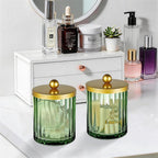 Amolliar Sage Green Glass Qtip Holder Dispenser, Bathroom Canister Apothecary Jar for Cotton Swabs, Cotton Balls, Round Pads, Floss Picks, Countertop Storage Organizer Container for Vanity,Gold 2 Pack