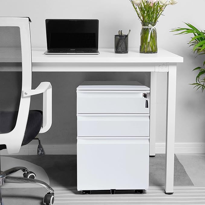 3-Drawer Mobile File Cabinets Rolling, Vertical Metal Filing Cabinet for Legal & Letter File Anti-tilt Design with Lock Under Desk Office Drawers Fully Assembled (White)