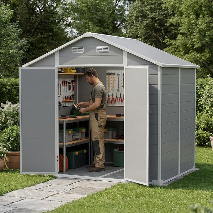 Larbanke 8x6FT Outdoor Storage Shed with Floor, Resin Tool Shed with Lockable Door and Air Ventilation, Waterproof Garden Storage Shed with Sloped Roof for Patio, Lawn, and Backyard, Gray