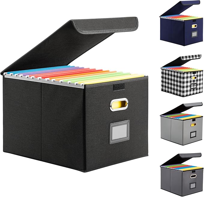 Collapsible File Box with Lid & Plastic Slide - Hanging Document Organizer for Office/Home, 14.96x12.6x10.83 Inch,Decorative Home File Bin,Black, 1 Pack (No Folders Included)