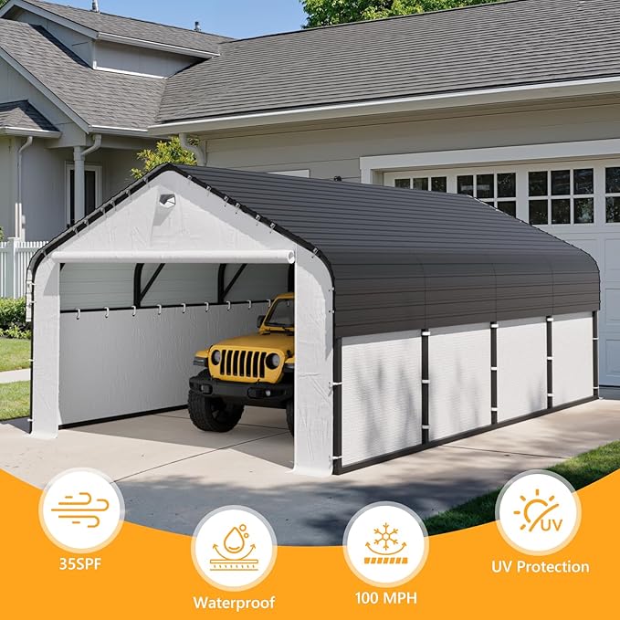 12x20 Metal Carport, Heavy Duty 2-Car Carport Canopy, CarPorts with Removable Polyethylene Sidewalls, Galvanized Steel Roof Car Tent Garage