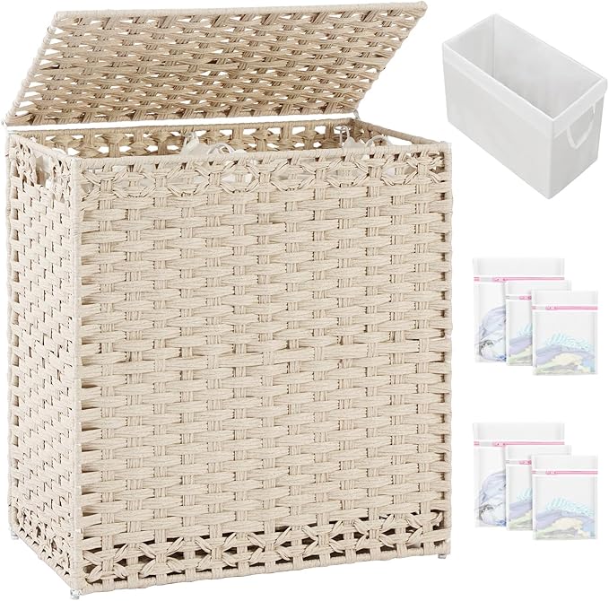 Laundry Hamper with Lid Wicker Laundry Basket 112 L (29.6 Gal) Laundry Hampers Handwoven Rattan Clothes Hamper with Handles 3 Removable Liner Bag, 6 Mesh Bags for Bathroom Bedroom Light Khaki