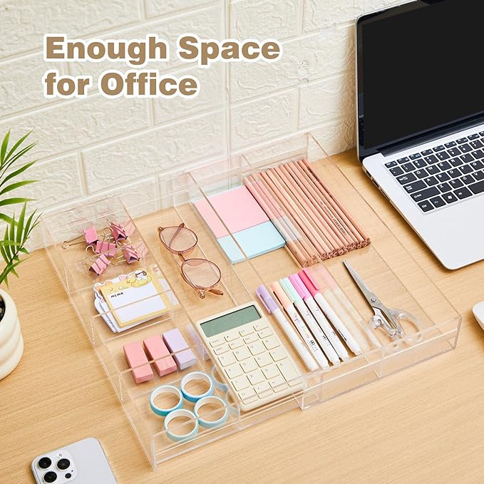 1 Pcs Acrylic Desk Drawer Organizer 12'' up to 16'' x 14.5'' x 2.2'' Expandable Drawer Organizer Trays with 7 Adjustable Compartments Clear Desk Accessories for Makeup Office Bathroom