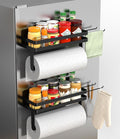 ZUNTO 2pcs Magnetic Paper Towel Holder for Fridge, Black Kitchen Organizer with Towel Roll Holder, Spice Shelf and 2 Hanging Racks(No Drilling)