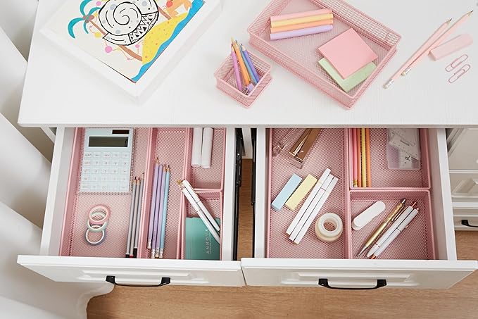 Annova Mesh Stackable Drawer Cabinet and Shelf Organizer Bins Storage Basket School Office Supply Holder Tray- Set of 2 (Light Pink, 3x12x2 Inch)