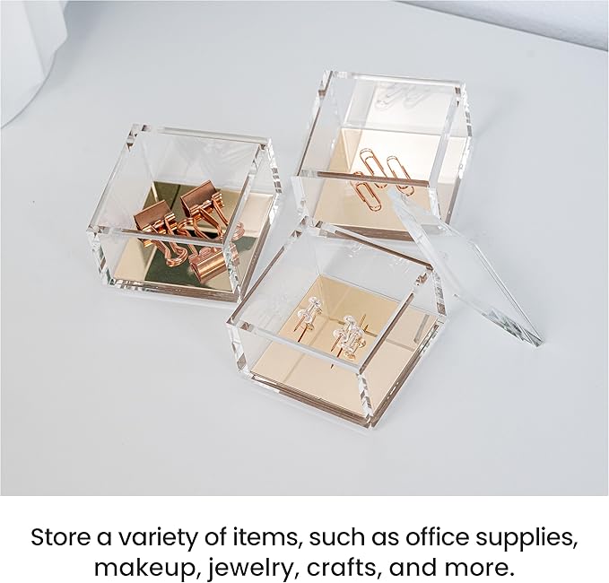 OfficeGoods 3-Tier Stackable Acrylic Holder- Stylish Desk Organizer and Storage for Office or Home – Transparent Square Design with Gold Metal Base