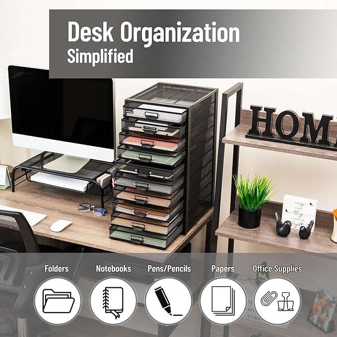 Mind Reader 10-Drawer Desk Organizer for Office Supplies, Crafts, Mail Sorting & More, Metal Mesh, 10.75"L x 14"W x 21.25"H, Black