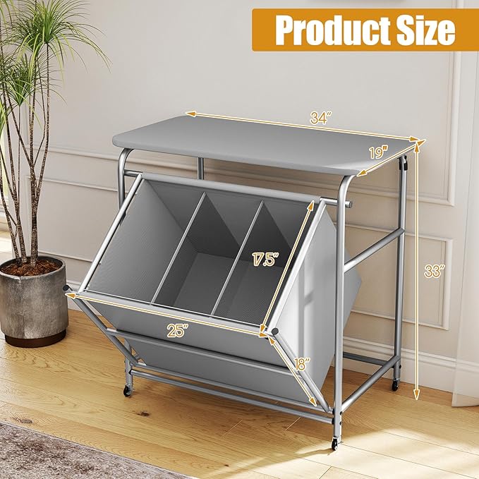 COSTWAY Laundry Hamper with Ironing Board, 3 Section Tilt Out Laundry Cart with 3 Separated Removable Bags, Lockable Wheels, Heavy-Duty Laundry Sorter Clothes Basket Organizer for Bedroom, Bathroom