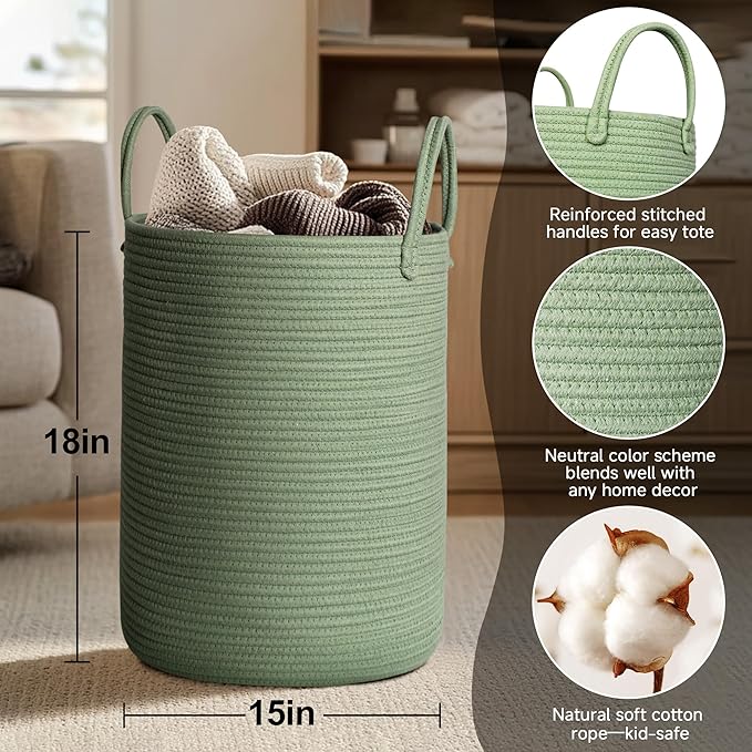 Large Green Laundry Basket, 15"x18" Tall Woven Cotton Rope Bin for Blankets Clothes, Baby Nursery Laundry Hamper, Kids Toy Storage Bin, Green Living Room Bedroom Decor Baskets for Organizing