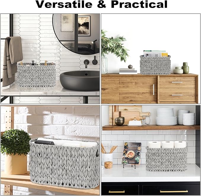 Sumnacon Toilet Paper Storage Basket Freestanding, Woven Toilet Paper Holder Stand with Handle, Decorative Narrow Bathroom Baskets Sturdy Plastic Organizer Bin for Tissue Rolls, Toiletries, Towels
