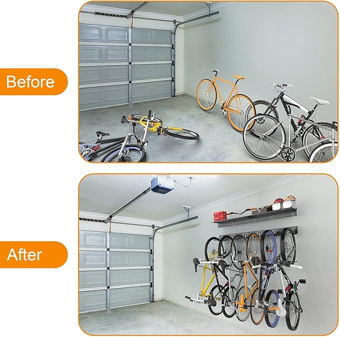 TORACK Wall Mounted Bike Storage Rack with Shelf, 6 Bikes Hangers for Garage, Space Saving Bike Rack Wall Mount, Holds Up to 600 lbs