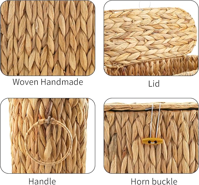 Toilet Paper Storage Basket - Water Hyacinth Slim Toilet Paper Holder with Lid, Holds Up to 9 Rolls, Decorative Organizer for Home Bathroom