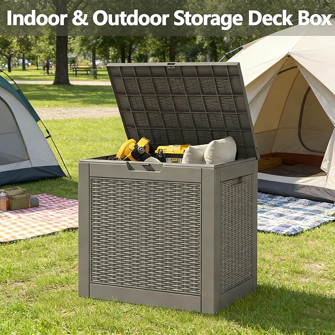 31 Gallon Outdoor Storage Box, Resin Deck Boxes Outdoor Waterproof For Patio Furniture, Garden Tools, Pool Supplies, Lockable And UV Resistant (Rattan Gray)