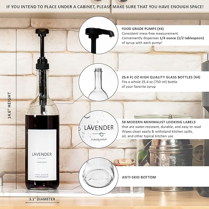 Demi's Home 25.4 oz 750 ml Glass Coffee Syrup Dispenser for Coffee Bar - 4 Pack - Comprehensive Label Set & ¼ oz Pumps Included