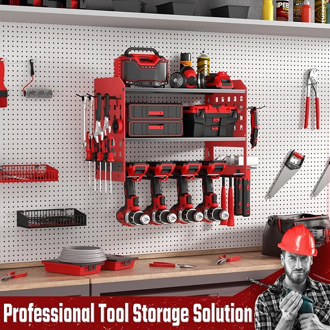 Power Tool Organizer, Heavy Duty Wall Mount Tool Organizer 3 Layers with 4 Drill Holders, Garage Tools Storage Rack with 2 Side Pegboards and Hooks for Workshop, Shed, Red