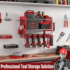 Power Tool Organizer, Heavy Duty Wall Mount Tool Organizer 3 Layers with 4 Drill Holders, Garage Tools Storage Rack with 2 Side Pegboards and Hooks for Workshop, Shed, Red