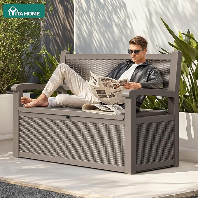 YITAHOME 70 Gallon Deck Bench with Storage, Outdoor Storage Box Bench with Armrests for Patio Garden Pool Porch, Waterproof&Lockable, Light Brown