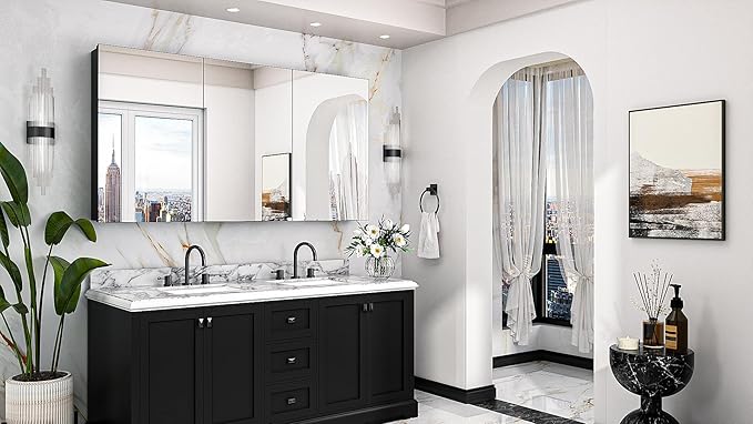 Keonjinn 60 x 32 Inch Medicine Cabinet, Assembly Required, Black Bathroom Medicine Cabinets Mirror, Lightweight, Adjustable Shelves, Surface Mount or Recessed, Tempered Glass