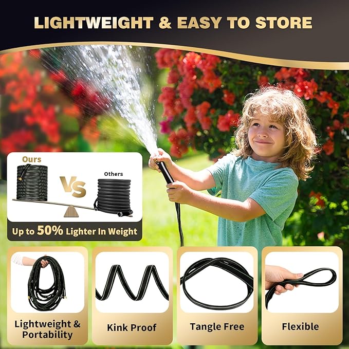 Garden Hose 50 ft Water Hose Flexible Heavy Duty Outdoor Lightweight No Kink Long Non-Expandable High Pressure Flat Hoses Pipe 100’ Strong 3/4’’ Brass Fitting for Outside Yard Lawn Car Wash