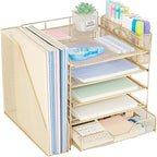 Desk Organizer, 5-Tier Paper Letter Tray Organizer with File Holder, Drawer and Pen Holder, Desktop Organizer for Office Supplies, Gold