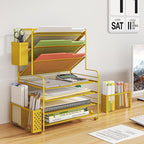 Simple Trending 7 Tier Desk File Organizer, Letter Tray Paper Organizer with Pen Holder and Metal Hanging Basket, Gold