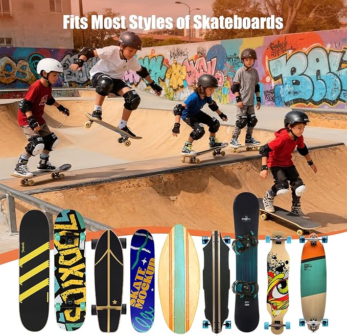 Skateboard Wall Mount Rack - Display Shelf & Hanger for Longboard, Snowboard, Boards with 2 Wooden Helmet Stands & 5 Gear Hooks (Black)