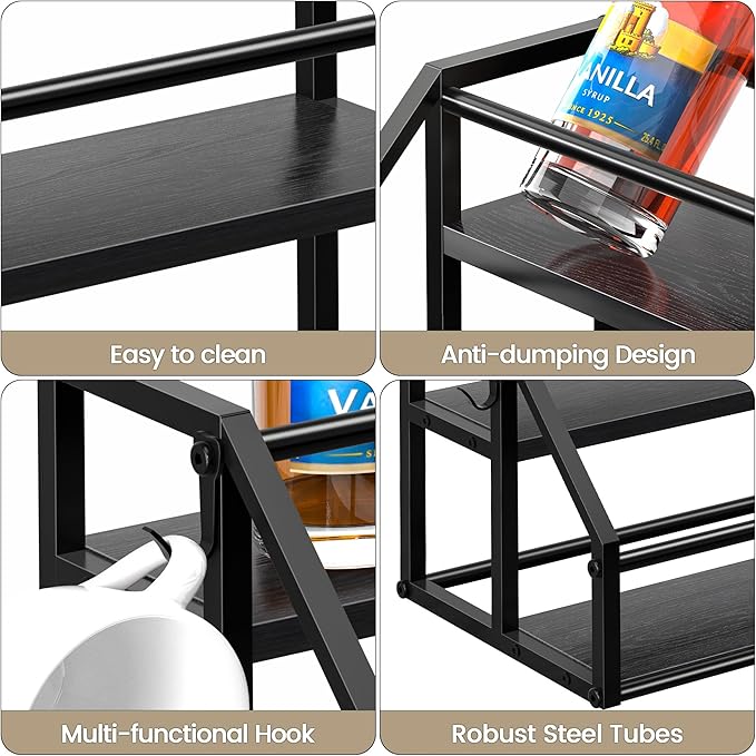Coffee Syrup Rack Organizer, Syrup Bottle Holder Stand for Coffee Bar, 2-Tier 8 Bottles Storage Shelves for Syrup, Wine, Dressing for Kitchen Countertop, Black