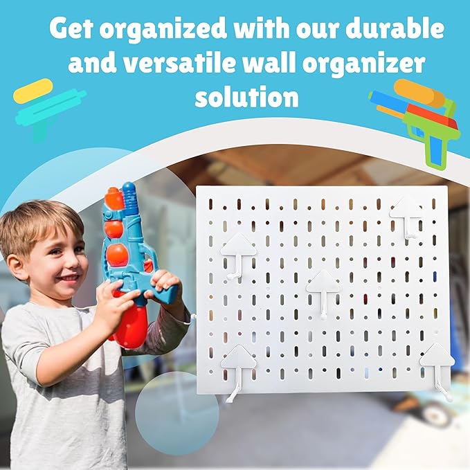 Skywin Peg Board for Nerf Gun Storage Organizer 14.2 x 8.5 x 11 inches - Hanging Holder Compatible with All Blasters Nerf Gun Rack Organizer for Wall Organization with 10 Triangle Hooks (White)
