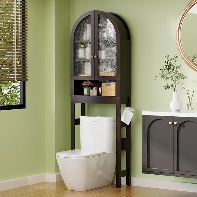 Over The Toilet Storage Cabinet, 23.7”W Modern Storage Cabinet Over Toilet with Acrylic Doors, Arched Freestanding Over Toilet Rack with Adjustable Shelf for Bathroom, Espresso