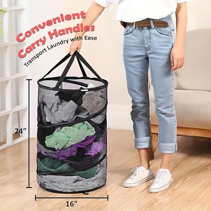 Pop Up Hamper for Laundry Mesh Collapsible Laundry Basket | Large Clothes Hamper - Black 16"L x 16"W x 24"H (Pack of 2)