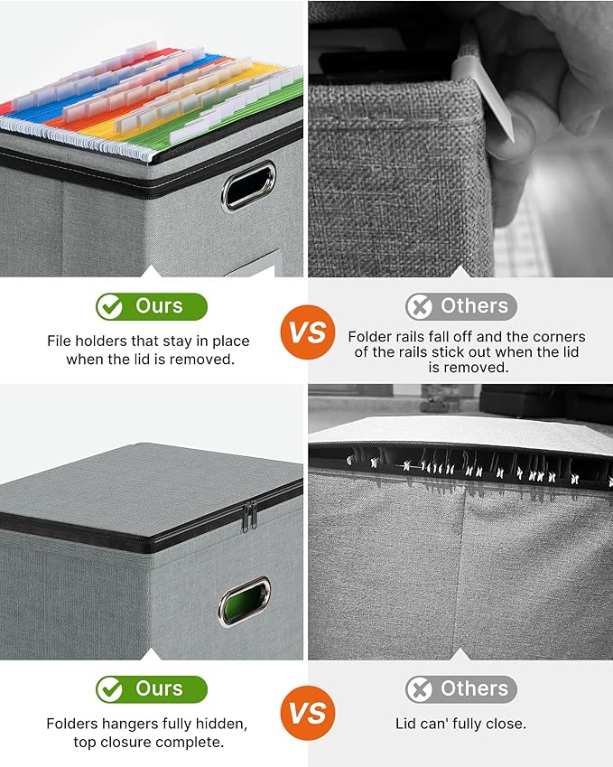 Oterri 1 Pack File Organizer Boxes with Lids, File Box with Mesh Pockets, Document Organizer Box for File Folders Letter Size, Zippers Filing Box for Home, Office, School (Grey, Without Folders)