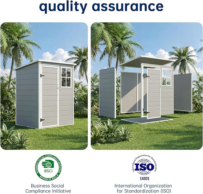 GARDENWORK 5×3 FT Outdoor Storage Shed,Plastic Garden Resin Shed with Lockable Door,Floor and Window,Outside Sheds for Patio, Lawn,Bike,Garbage can,Tools,Light Grey