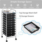 Yaheetech Rolling Cart Organizer Plastic Trolley with 10 Storage Drawers Utility Cart on Wheels Art Craft Organizer Ample Storage Space, Black