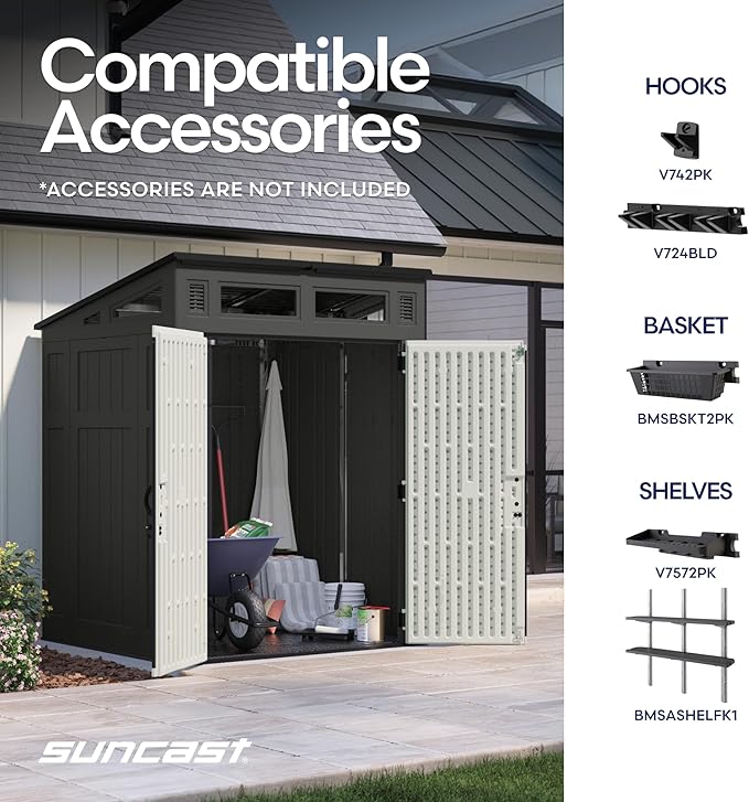 Suncast 6x5 Ft. Modernist Garden Shed, 200 Cu Ft Peppercorn Resin Shed with Floor, Lockable Doors, & Windows. Weatherproof Modern Resin Sheds & Outdoor Storage for Tools, Bikes, Lawn Mowers, & More