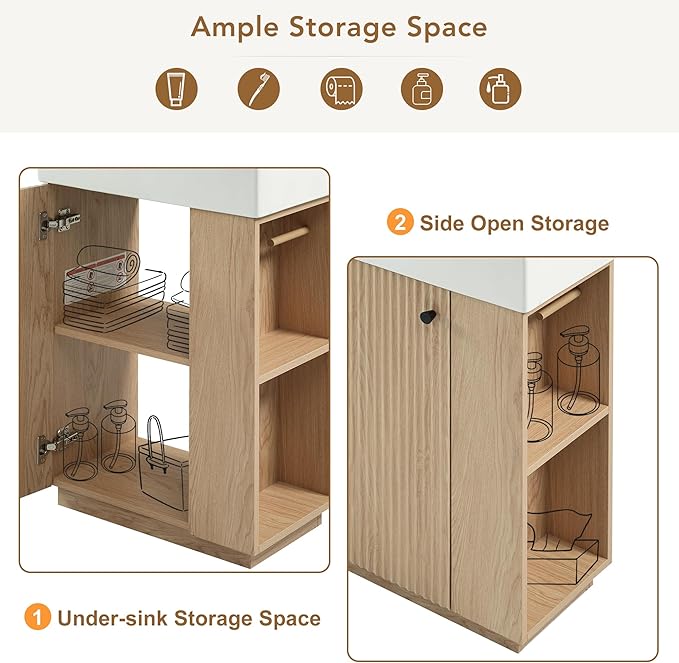 21.6" Small Fluted Bathroom Vanity with Sink,Soft Closing Doors and Storage Shelves,Natural Wood Single Bathroom Sink Cabinet Combo Freestanding, Natural Wood