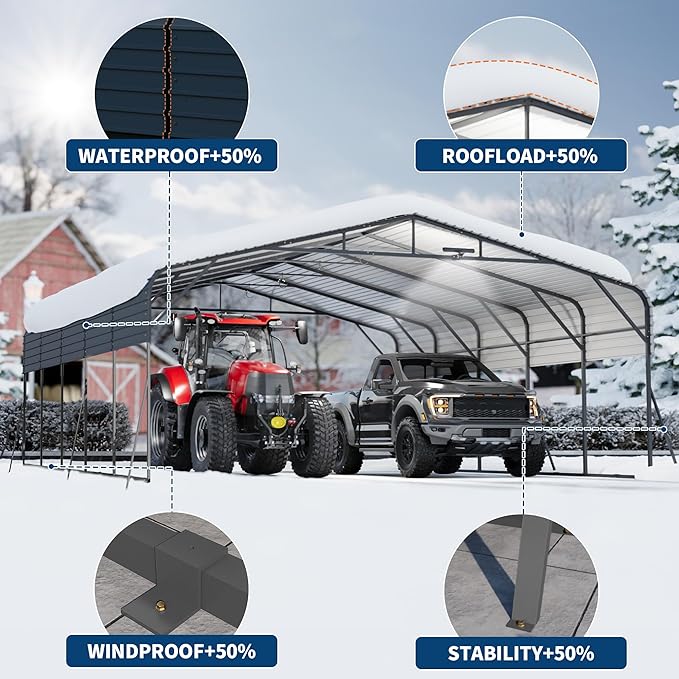 20x25FT Metal Carport w/Led Light,Outdoor Portable Car Garage for Multiple Vehicles,Reinforced Base & Galvanized Steel Roof, Outdoor Car Port Canopy Shelter for Boats, Full-Sized Pickup Trucks