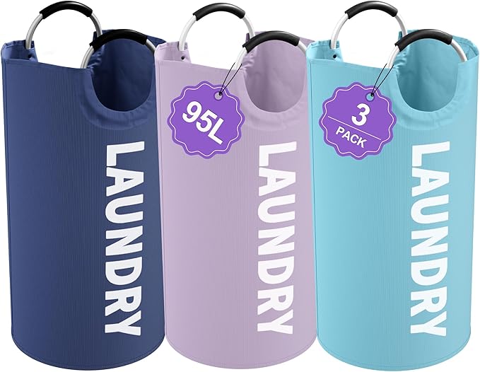 95L 3Pack Large Laundry Hamper, Foldable Laundry Basket with Handles, Dirty Clothes Basket in 600D Oxford Fabric, Clothes Hampers for Bedroom, Living Room, Bathroom, Purple + Navy Blue + Blue