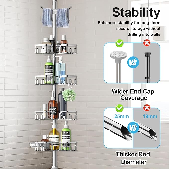 Corner Shower Caddy Tension Pole 4 Tier Adjustable Stainless Steel Shower Shelf for Inside Shower Bathtub Shampoo,Standing Bathroom Organizer Shelves with 39 to 113 inch Height