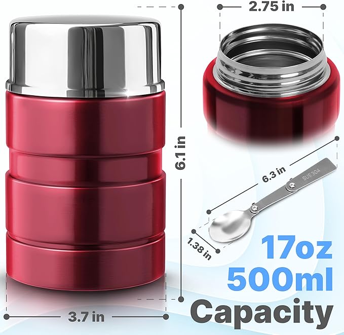 Earth&ME Stainless Steel Thermo For Hot Food 17OZ with Folding Spoon, Vacuum Insulated Food Container, Soup Thermo with Wide Mouth, Insulated Food Jar for Hot & Cold Food, Red