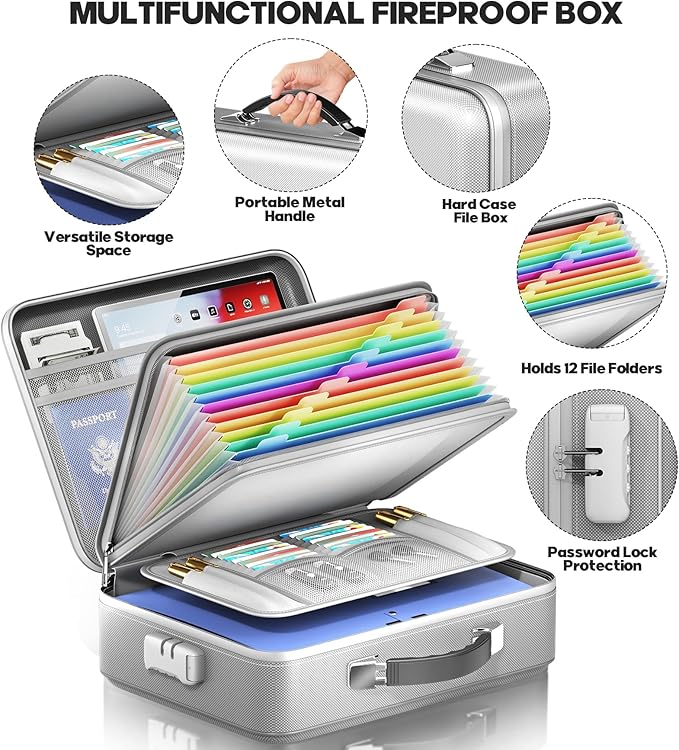 Fireproof Document Box, Hard Case Highly Flame-Resistant Fire Proof Waterproof File Organizer with Lock, Portable Fire Safe for Important Documents & Valuables Storage (Gray, ‎15"*11"*5")