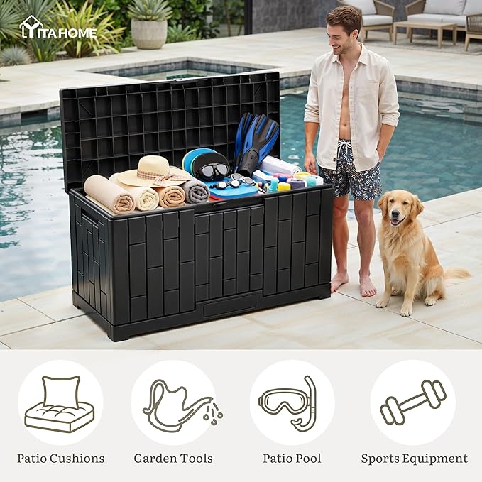 YITAHOME 60 Gallon Resin Deck Box, Weather Resistant Outdoor Rattan Storage Box, Lockable Indoor Outdoor Storage for Supplies and Essentials, Black