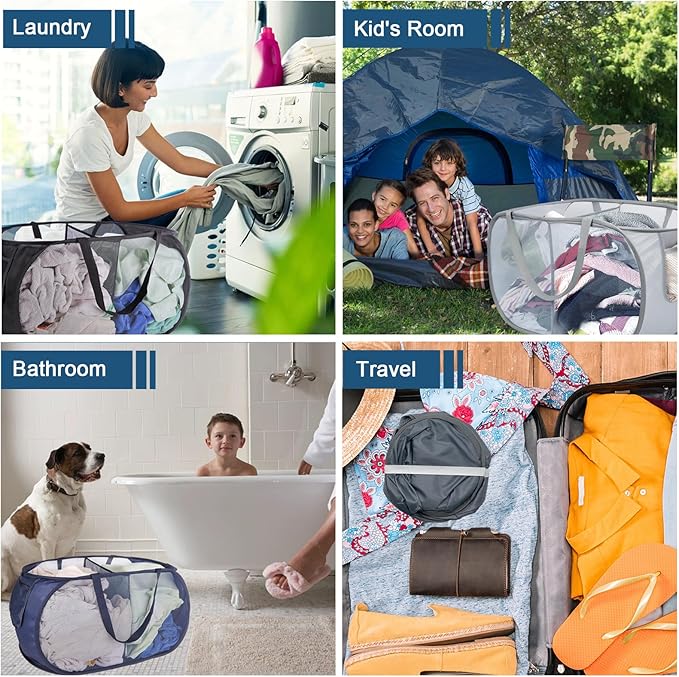 4 Pack Collapsible Laundry Baskets Dual Compartment, Mesh Pop Up Hamper with Easy Carry Handles, Foldable laundry hamper for College Dorm, Kids Room, Laundries and Travel, toy storage basket